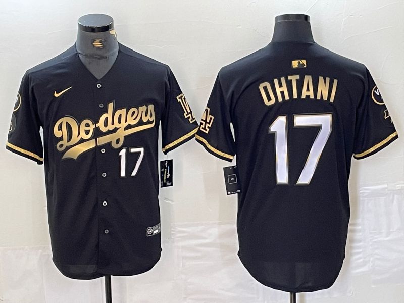 Men Los Angeles Dodgers 17 Ohtani Black three generations Nike Game MLB Jersey style 1